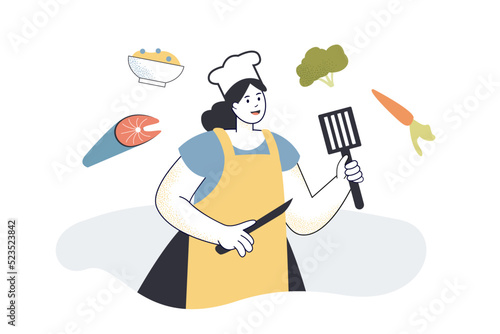 Female chef in apron and hat cooking healthy food. Fish and vegetables flying over head of woman flat vector illustration. Kitchen, culinary concept for banner, website design or landing web page