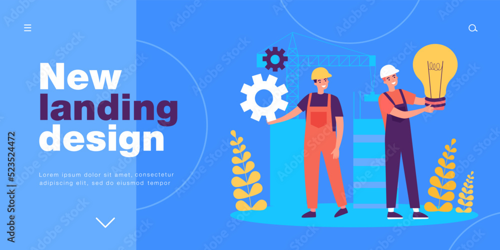 Innovation and new projects from tiny construction workers. Male characters holding gear and light bulb flat vector illustration. Development concept for banner, website design or landing web page Innovation and new projects from tiny construction workers. Male characters holding gear and light bulb flat vector illustration. Development concept for banner, website design or landing web page