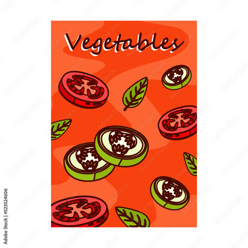 Bright brochure designs with tasty food. Colored vegetables and green salad. Delicious meal and nutrition concept. Template for promotional leaflet or flyer