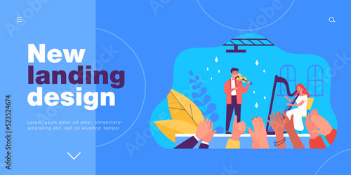 Musicians playing harp and violin on concert stage. Fans hands clapping for artists flat vector illustration. Live classic music, performance concept for banner, website design or landing web page