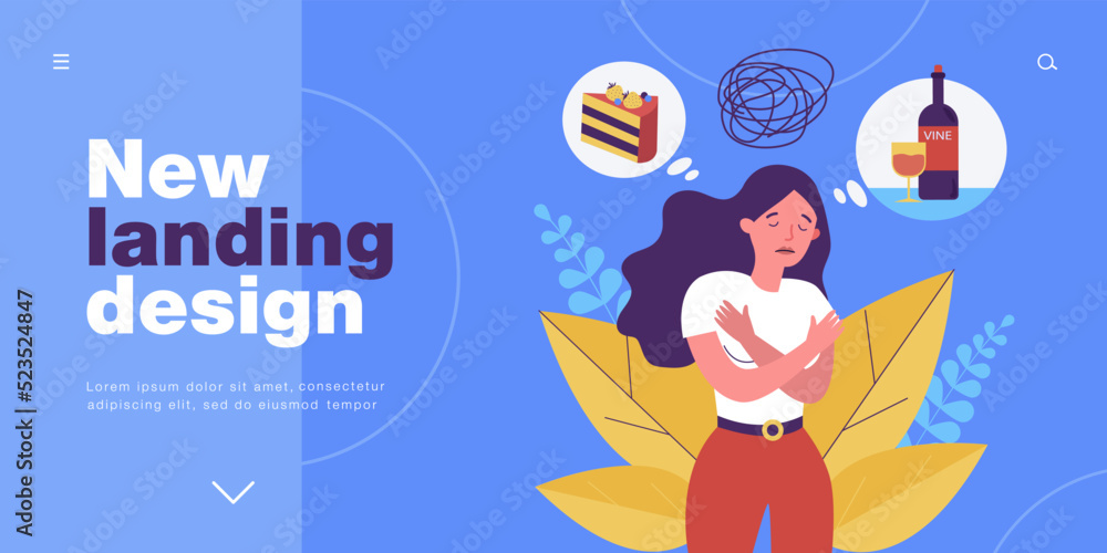 Wine and sweets addict with anxiety and confusion in head. Sad confused girl with psychological problem flat vector illustration. Addiction concept for banner, website design or landing web page