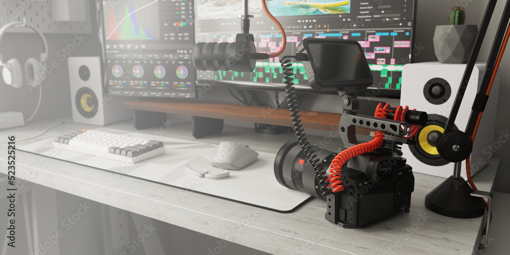 Video production. Interior work space of video editor with professional equipment: camera, microphon, recorder. Video production. Interior work space of video editor with professional equipment: camera, microphon, recorder.