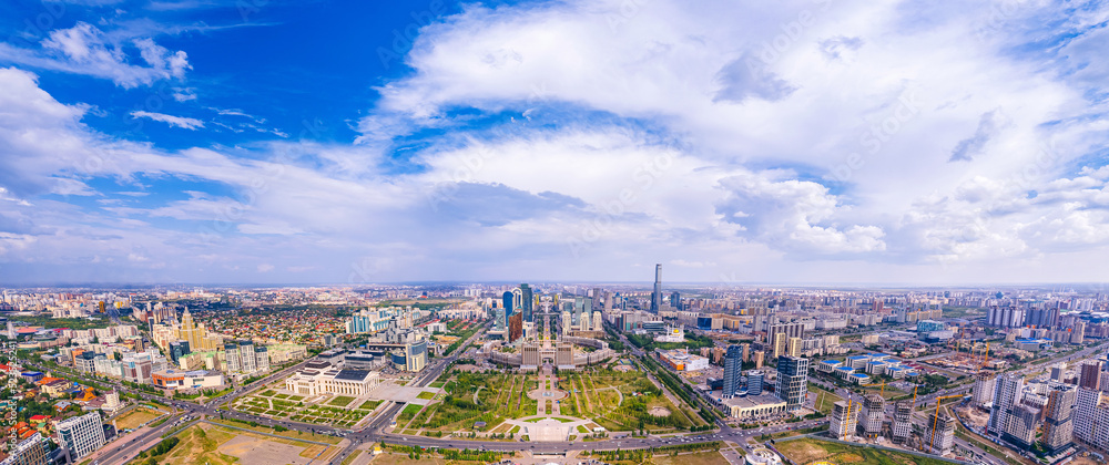 Nur-Sultan, Kazakhstan - August 8, 2022: panorama city Astana aerial top view drone