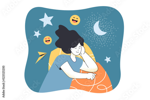 Healthy sleep and relax of young woman at night. Sleepy girl lying in home bed on pillow flat vector illustration. Bedtime, rest, sweet dream concept for banner, website design or landing web page