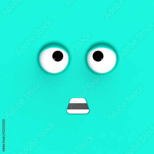 Blue face of cute character. Cute face. stupid face. emotion surprise. Square image. Surprised face. 3D image. 3D rendering.