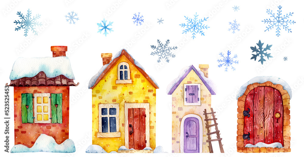 Watercolor winter house illustration. Snowy country house graphics. Christmas Village graphics with snowflakes background. Holiday graphics