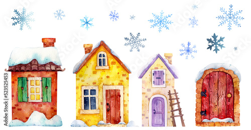 Watercolor winter house illustration. Snowy country house graphics. Christmas Village graphics with snowflakes background. Holiday graphics