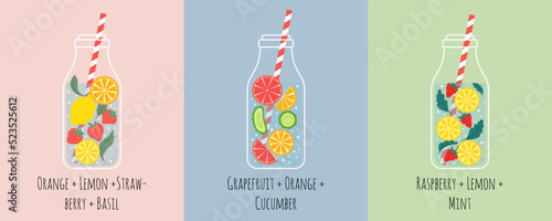 A collection of infused water bottles with straws. Healthy summer drinks for refreshment and fitness. Homemade fruit and vegetables water with seasonal ingredients.