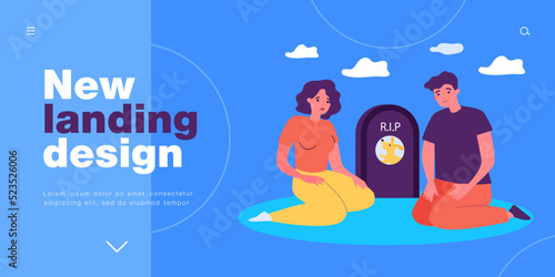 Sad pet owners sitting near tombstone with dog photo in cemetery. Man and woman in grief over death of animal flat vector illustration. Funeral concept for banner, website design or landing web page