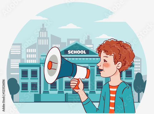 Cute kid rides on bicycle. Funny boy shouting on the megaphone. Back to school vector illustration