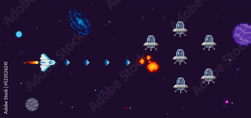 8-bit pixel game Space battle concept in pixel art style. Retro 8-bit computer game. Vintage Arcade Game scene. Pixelated Space arcade elements template vector illustration