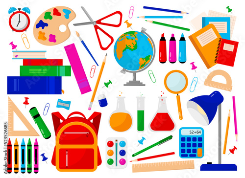 Large set of school items. School time. Various items for school in flat style.