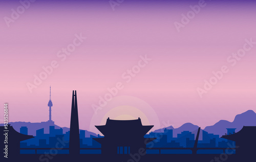 Silhouette Seoul city skyline at night