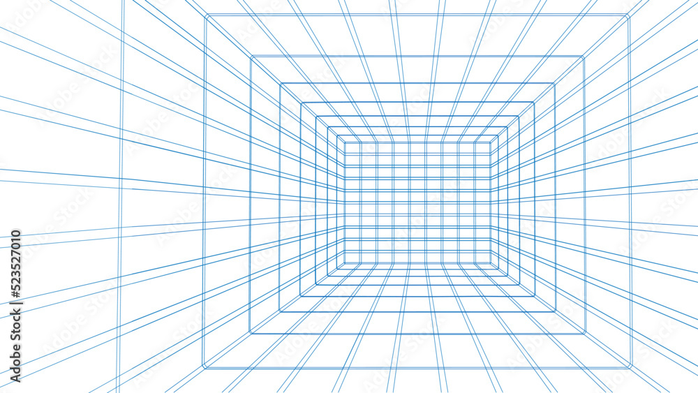 Wireframe room on white background. Digital vector perspective grid box for design.