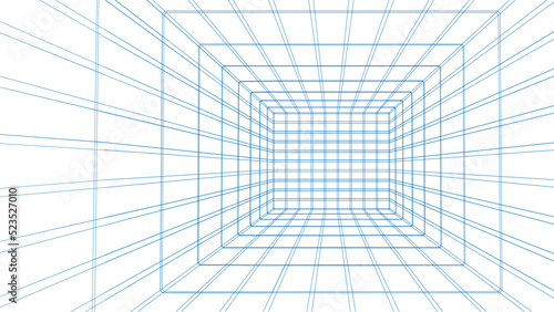 Wireframe room on white background. Digital vector perspective grid box for design.
