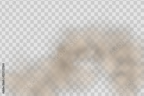 A cloud of brown dust and sand with particles of flying dry sand and dirt.Trace on a dusty road or highway from a car.Clubs of dark smoke.Realistic illustration on a transparent background.