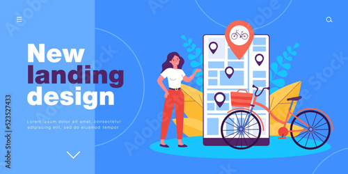 Woman using mobile app to share and rent bike online. Tiny person standing near smartphone and bicycle flat vector illustration. Rental service concept for banner, website design or landing web page