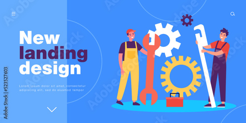 Team of technicians standing with equipment and gears. Tiny male workers holding spanner and wrench flat vector illustration. Maintenance service concept for banner, website design or landing web page