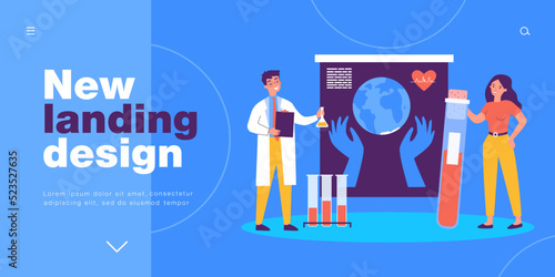 Study of human blood and health of heart by scientists. Tiny woman holding test tube for experiment flat vector illustration. Medicine, research concept for banner, website design or landing web page