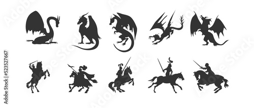 knight and dragon fight silhouette. Medieval battle outlines.