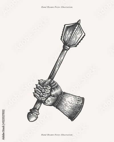 Knight's hand holds mace in engraving style. Ancient medieval warrior weapons on light background. Vintage vector illustration for history book design or tattoo template.