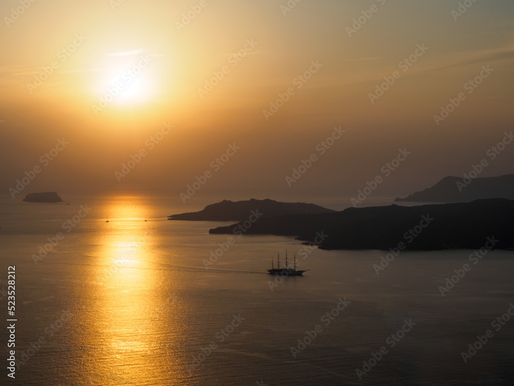 Aerial view with surreal colors sunset. Santorini island, Greece
