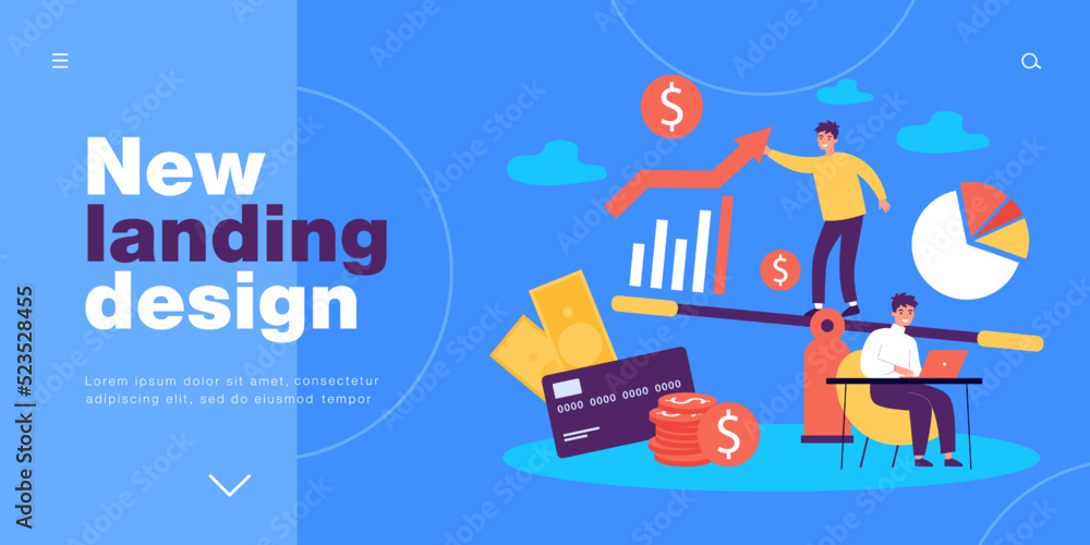 Investment plans of tiny businessman. Man working on balance between stock market segments and profit growth flat vector illustration. Finance concept for banner, website design or landing web page