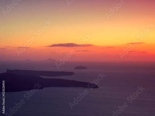 Aerial view with surreal colors sunset. Santorini island  Greece