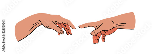 Human brushes pointing at each other. Stylized hands with frescoes by Michelangelo for your design. Vector illustration on a light background.