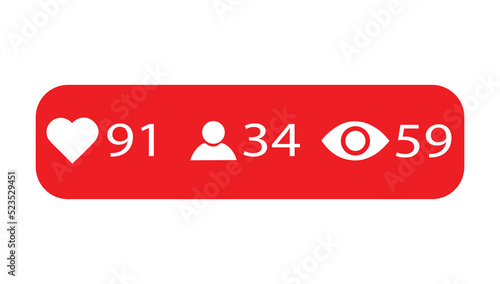Vector social media icons. Digital followers notification. Increasing number counter of heart, love, like thumb up icon.