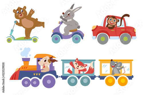 Set of animals on transport. Fun cartoon vehicle driver characters. Happy bear on scooter, cute rabbit on motorbike and monkey in red car. Dog driving train. Funny fox and mouse ride in locomotive.