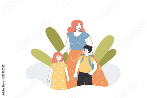 Mother walking with happy children to school together. Little boy holding backpack flat vector illustration. Back to school, learning, family concept for banner, website design or landing web page