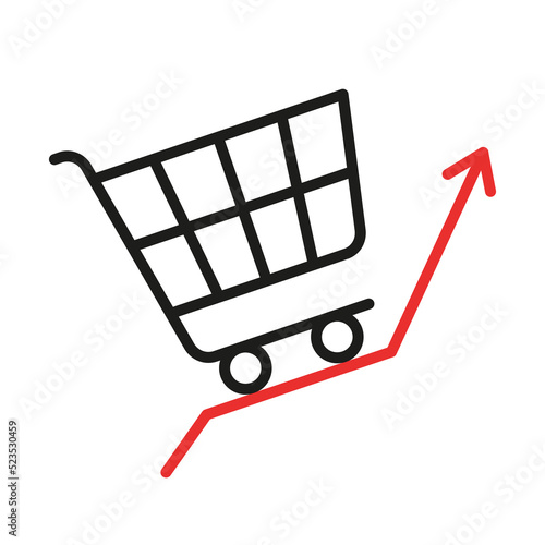 Inflation, high price and growth of food sales line icon. Shopping cart with foods on arrow up. Growth of market basket, rising commodity prices concept. Consumer price index, crisis. Vector