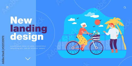 Travel vacation of active senior couple on sea beach. Old woman riding bicycle outdoors flat vector illustration. Retirement, holiday, leisure concept for banner, website design or landing web page