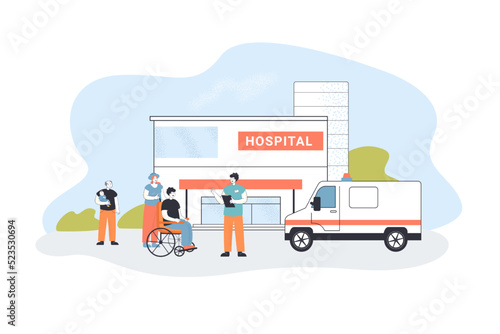 Doctor from ambulance team taking sick patient to hospital. Man with disability sitting in wheelchair flat vector illustration. Emergency care concept for banner, website design or landing web page