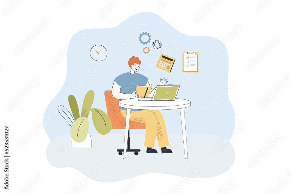 Employee sitting at laptop and reading user manual. Man in work process with calculator, list and gears flat vector illustration. Instruction concept for banner, website design or landing web page Employee sitting at laptop and reading user manual. Man in work process with calculator, list and gears flat vector illustration. Instruction concept for banner, website design or landing web page