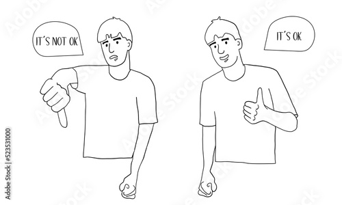 Satisfied man thumbs up and down. Gestures of approval and disapproval. Positive and negative emotion of a person. Liking and disliking. vector line art