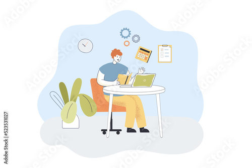 Employee sitting at laptop and reading user manual. Man in work process with calculator, list and gears flat vector illustration. Instruction concept for banner, website design or landing web page