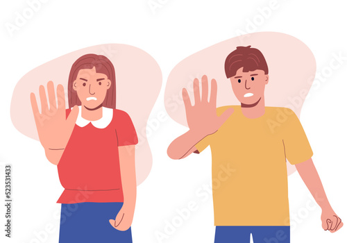 Frustrated male and female couple reaching forward. Gesture of a stop. Human emotions. flat vector