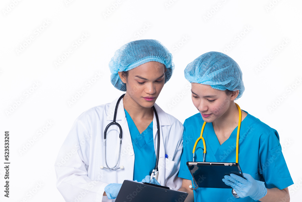 Full length Professional physician Doctor stand in hospital uniform discuss patient chart condition on Tablet. Woman Practitioner wear coat confident in clinic, isolated white background Full length Professional physician Doctor stand in hospital uniform discuss patient chart condition on Tablet. Woman Practitioner wear coat confident in clinic, isolated white background