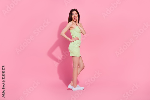 Full length photo of adorable excited young lady wear green dress arm cheek open mouth empty space isolated pink color background