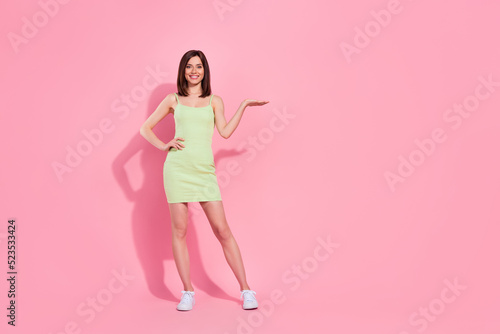 Full length photo of pretty lady arm touch waist palm offer quality summer clothes boutique empty space isolated on pink color background