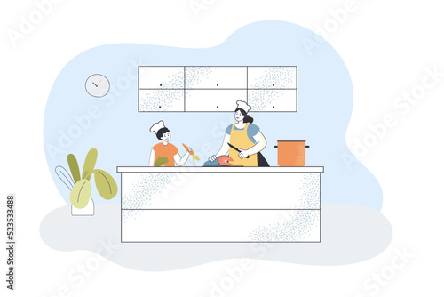 Mother and son in chefs hats cooking in kitchen. Woman and boy preparing dish of fish and vegetables flat vector illustration. Healthy food, diet concept for banner, website design or landing web page