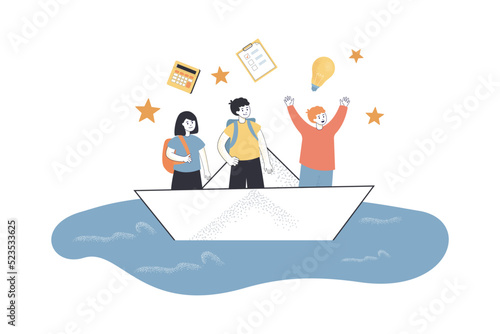 Paper sail boat with schoolchildren floating on water. Light bulb, calculator over tiny kids heads flat vector illustration. Back to school concept for banner, website design or landing web page