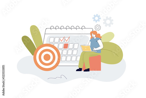 Efficiency of planning projects in calendar of tiny woman. Girl working with laptop and target flat vector illustration. Management, business concept for banner, website design or landing web page