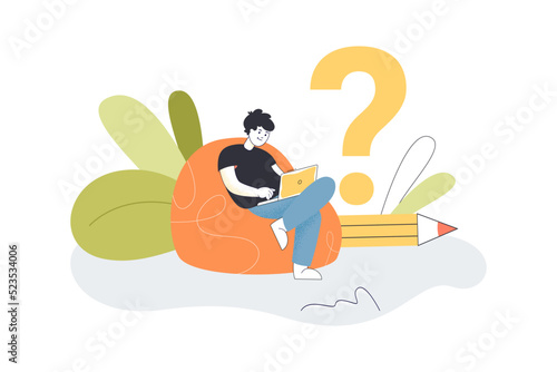 Online search for answers to questions by man. Tiny character sitting in chair with laptop and big question mark flat vector illustration. FAQ concept for banner, website design or landing web page