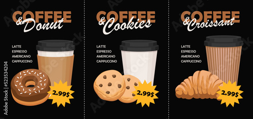 Bakery with coffee special offer vector menu template on black background. Donut, cookies, croissant, coffee to-go. 