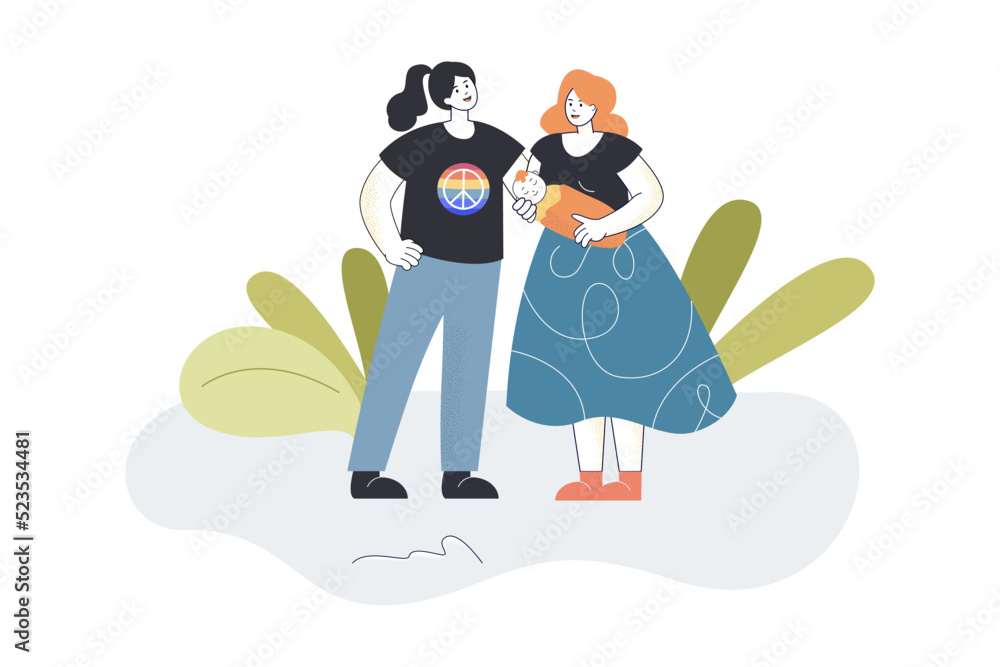 Lesbian couple with newborn baby in arms standing together. Two smiling women adopting child flat vector illustration. LGBT, family, childcare concept for banner, website design or landing web page Lesbian couple with newborn baby in arms standing together. Two smiling women adopting child flat vector illustration. LGBT, family, childcare concept for banner, website design or landing web page