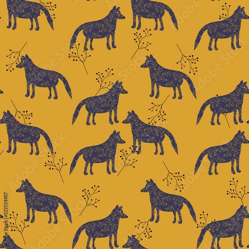 Fototapeta Naklejka Na Ścianę i Meble -  Seamless pattern with wolves with botanical ornament. Forest animals stay on yellow background. Illustration for textile, paper, books, fabric, wallpapers