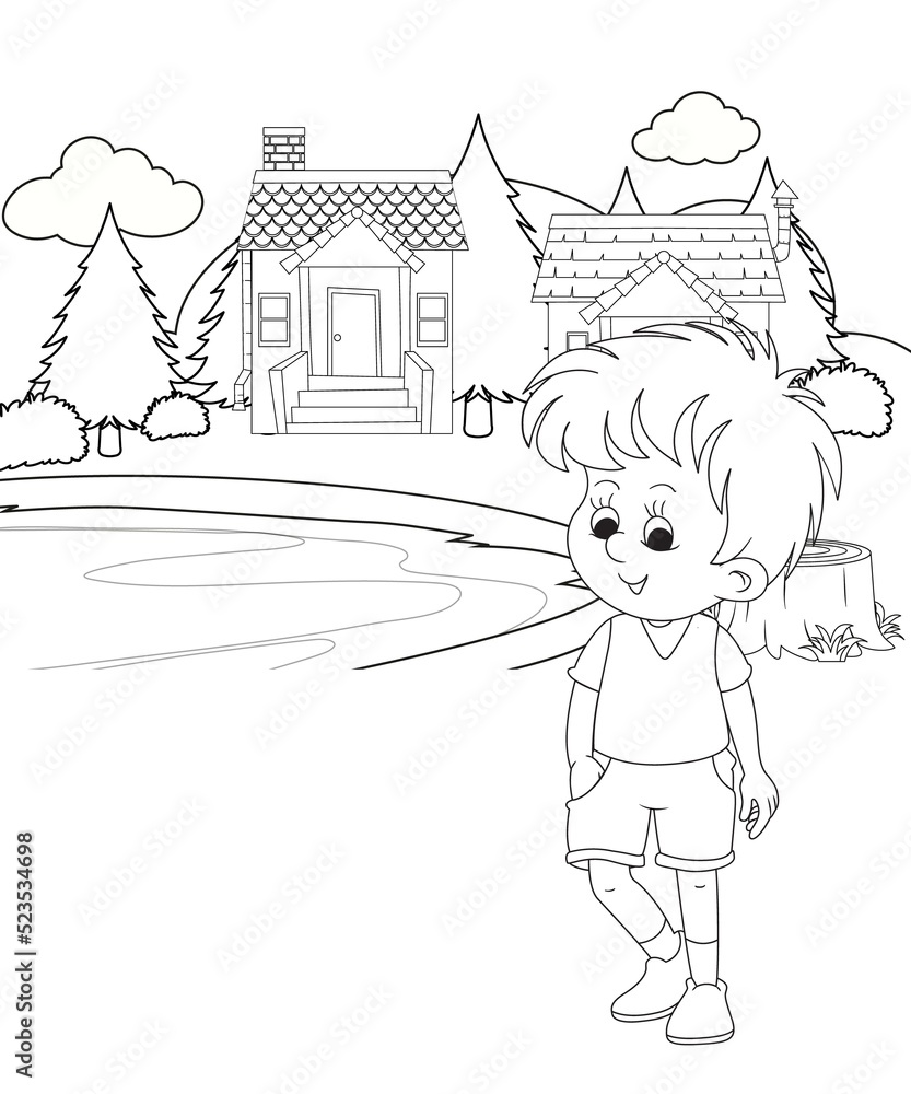 Obraz premium cute little fairy coloring Page Outline hand-painted in cartoon style Of little boy with mountains and landscape
